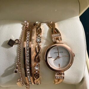Anne Klein Rose Gold Tone Bracelet Watch Set with Crystal Accents